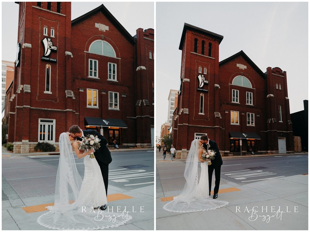 May Wedding at The Bell Tower, bridal dip and kiss